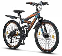 Licorne Bike Strong D 26" mountain bike Fully, adatto a partire da 150 cm, freno a disco anteriore e posteriore, cambio a 21 marce, sospensioni complete, per ragazzi, Nero/Blu/arancione