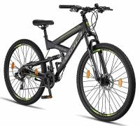 Licorne Bike Strong 2D Premium Mountain Bike Bicicletta per ragazzi, ragazze, donne e uomini – Freno a disco anteriore e posteriore – 21 marce – Sospensione completa (nero/lime, 29.00)